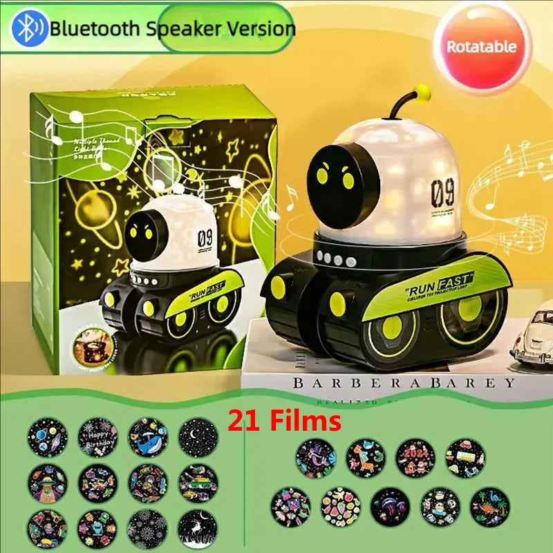 Robot Tank Starry Sky Projector Lamp, 21 Films Rotating USB Rechargeable LED Night Light with Bluetooth Speaker, Kids Room Decor