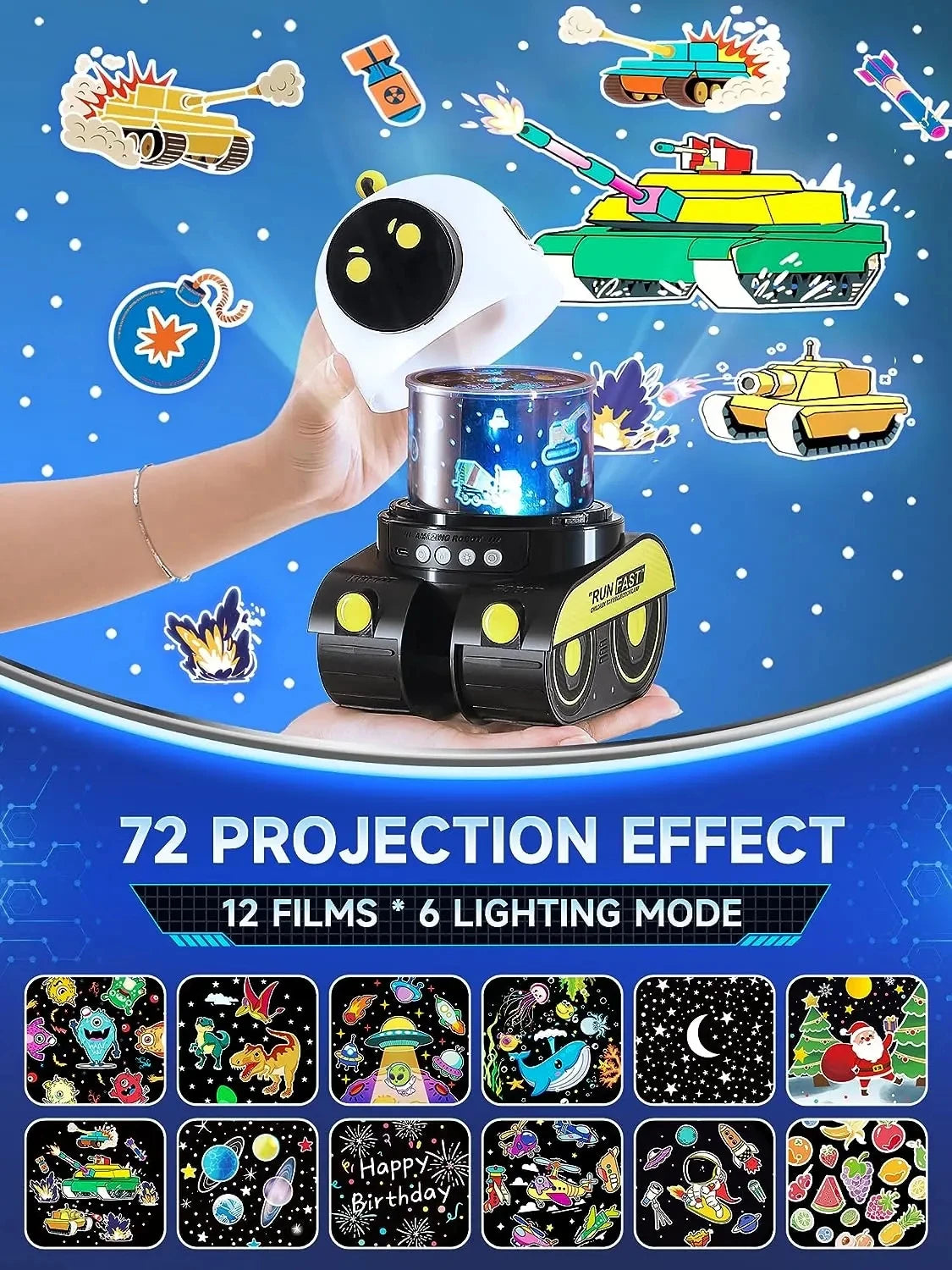 Robot Tank Starry Sky Projector Lamp, 21 Films Rotating USB Rechargeable LED Night Light with Bluetooth Speaker, Kids Room Decor