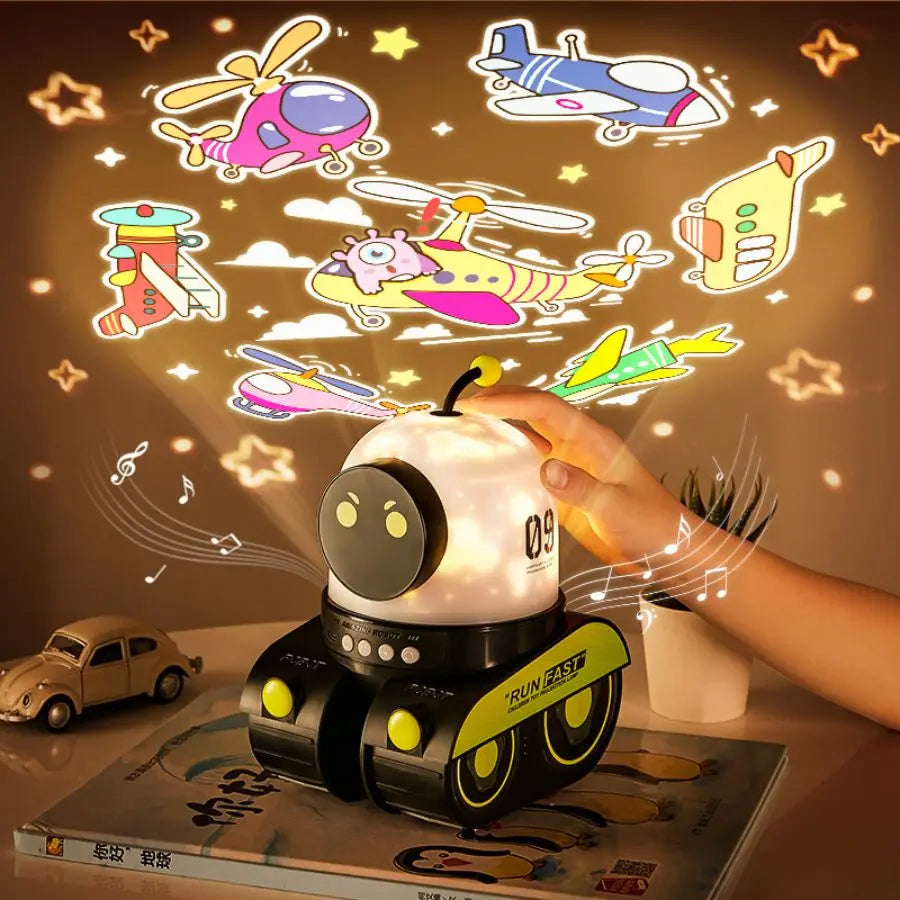Robot Tank Starry Sky Projector Lamp, 21 Films Rotating USB Rechargeable LED Night Light with Bluetooth Speaker, Kids Room Decor