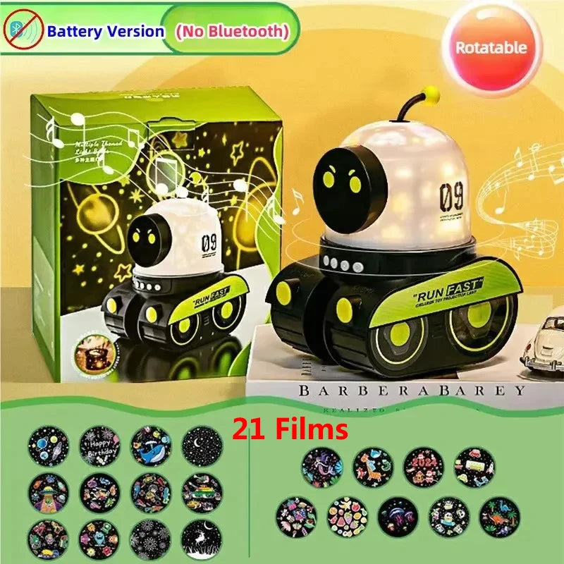 Robot Tank Starry Sky Projector Lamp, 21 Films Rotating USB Rechargeable LED Night Light with Bluetooth Speaker, Kids Room Decor
