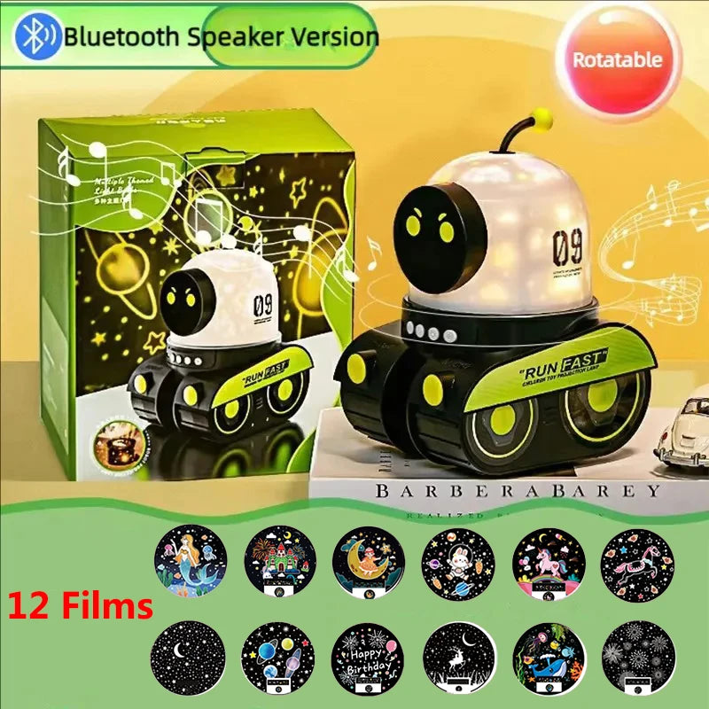 Robot Tank Starry Sky Projector Lamp, 21 Films Rotating USB Rechargeable LED Night Light with Bluetooth Speaker, Kids Room Decor