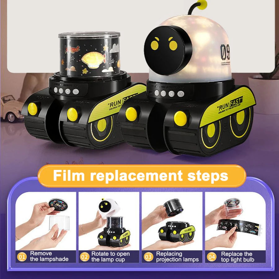 Robot Tank Starry Sky Projector Lamp, 21 Films Rotating USB Rechargeable LED Night Light with Bluetooth Speaker, Kids Room Decor