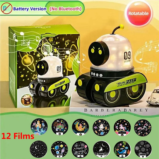 Robot Tank Starry Sky Projector Lamp, 21 Films Rotating USB Rechargeable LED Night Light with Bluetooth Speaker, Kids Room Decor