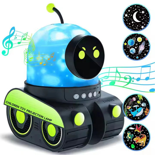 Robot Tank Starry Sky Projector Lamp, 21 Films Rotating USB Rechargeable LED Night Light with Bluetooth Speaker, Kids Room Decor